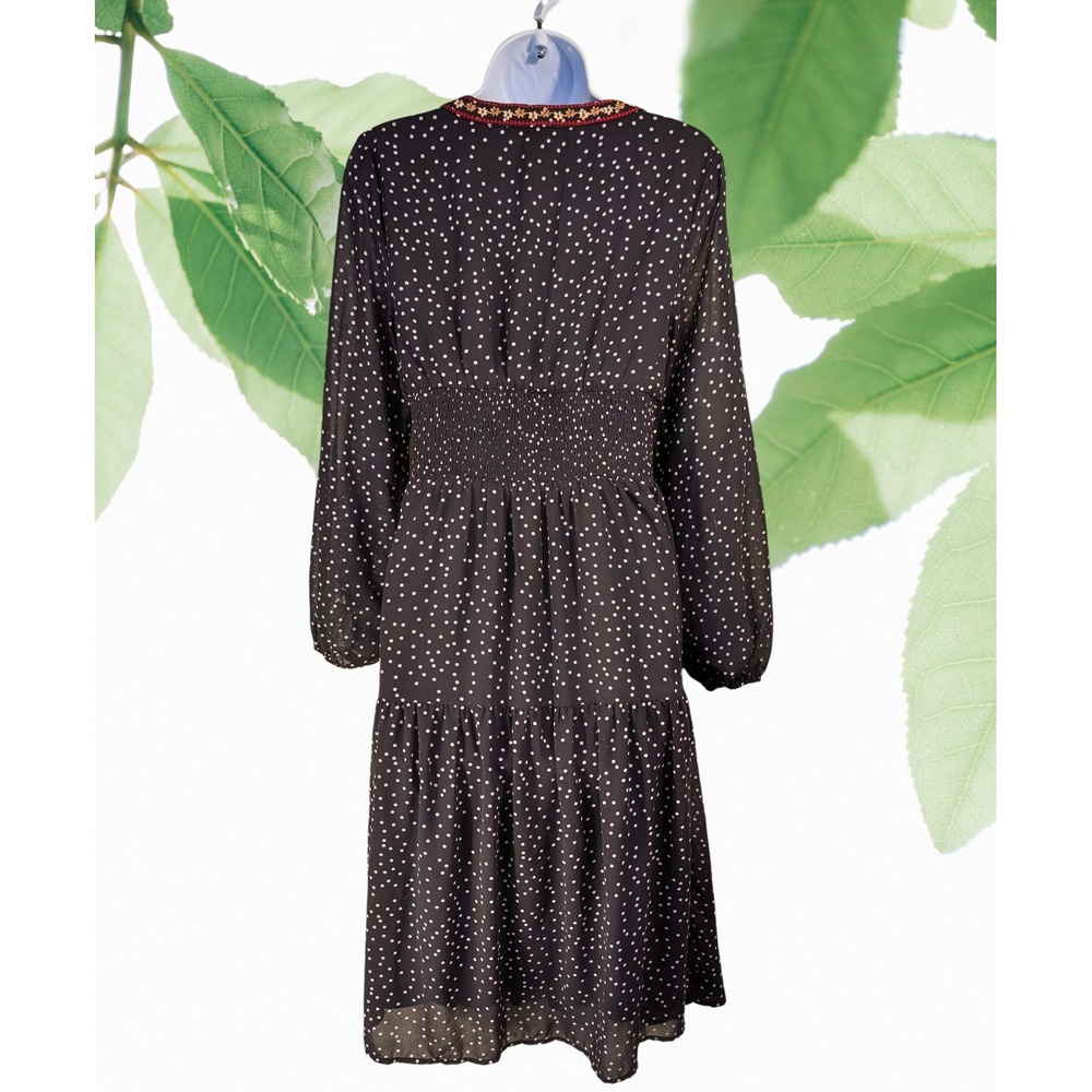 André Sz S Winter Dress Black Polka Dot Embroidered Trim V Neck Tiered Midi - Picture 3 of 4